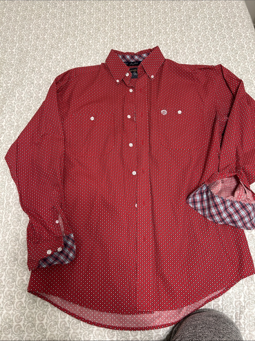 George Strait Wrangler Red Micro-Pattern Button-Down Shirt with Contrast Cuffs.